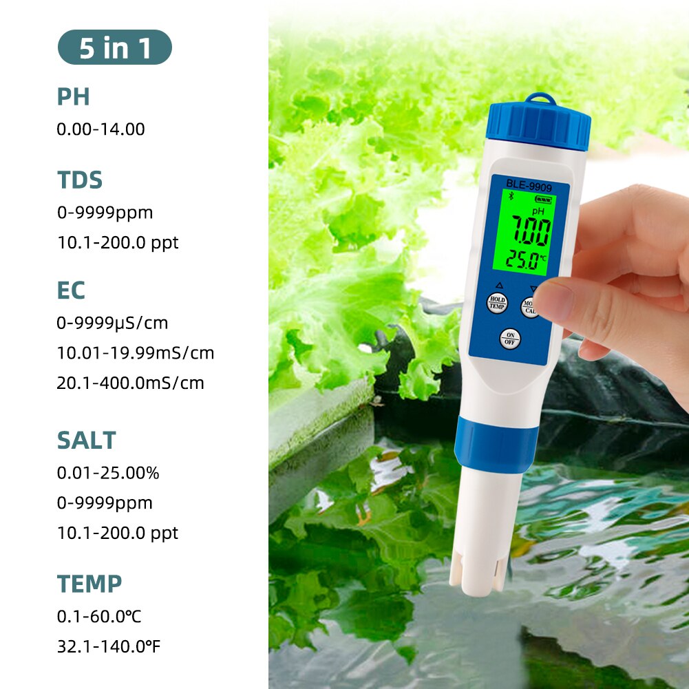 PH EC TDS Salinity TEMP Meter Digital Water Tester Smart Online Blue Tooth Monitor APP Control for Aquariums Hydroponics