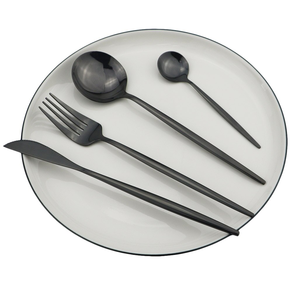JANKNG – service de vaisselle noire, 30 pièces, fourchette à gâteau aux fruits, couteau en acier inoxydable, argenterie, couverts miroirs, service de table