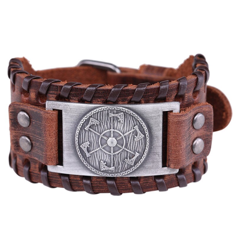 Skyrim – bracelet en cuir large avec pendentif de hache Viking, bijoux de la mythologie nordique, amulette Kolovrat esclave Wicca Pulseira: wide brown-silver