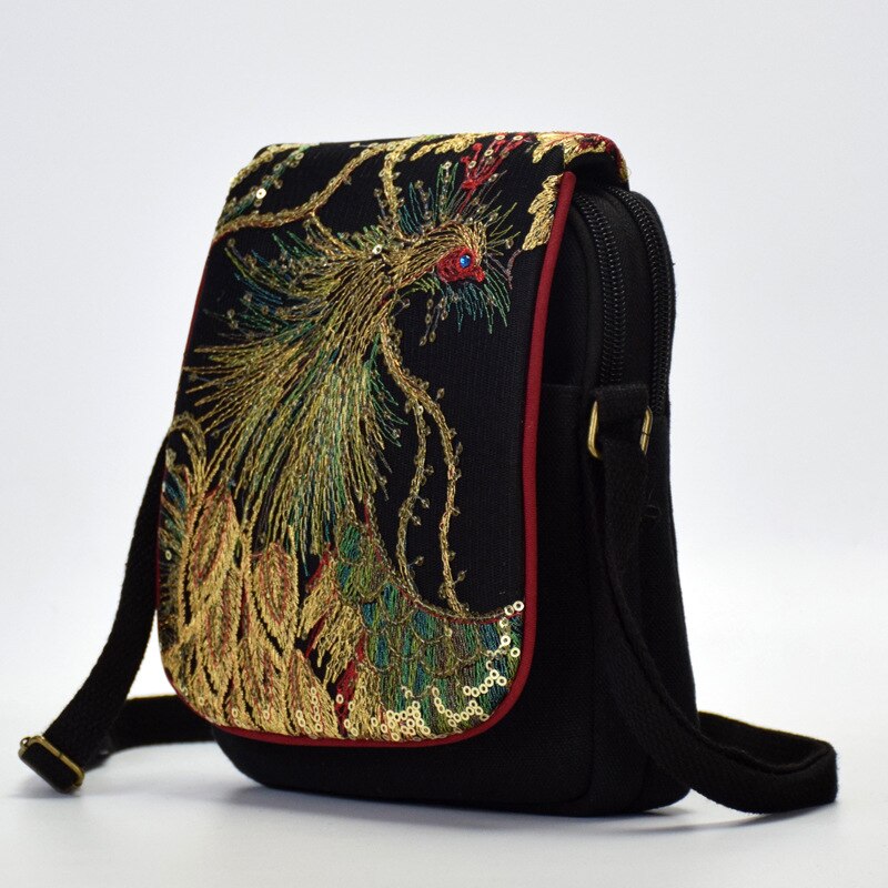 Nationale Stijl Borduurwerk Tas Voor Vrouwen China Geborduurd Canvas Schoudertas Schuin Kleine Tassen Pauw Phoenix Reizen Schoudertas