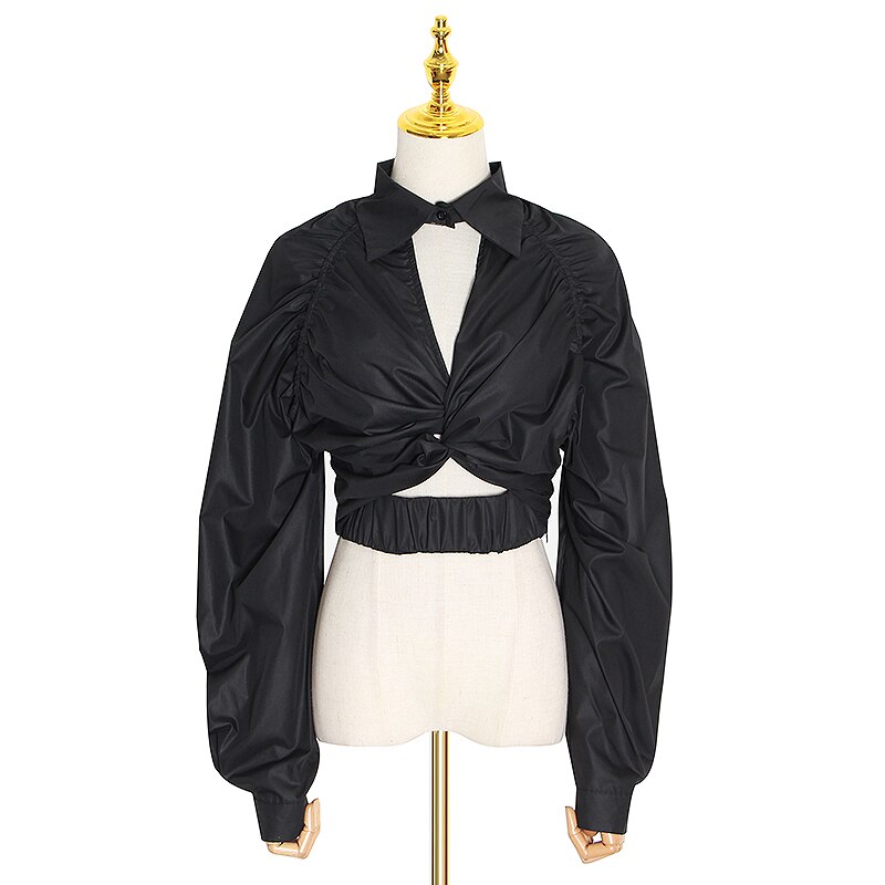TWOTWINSTYLE-Blusa fruncida informal para mujer, blusa con cuello de solapa y manga larga, camisa corta calada, ropa para mujer: black / M