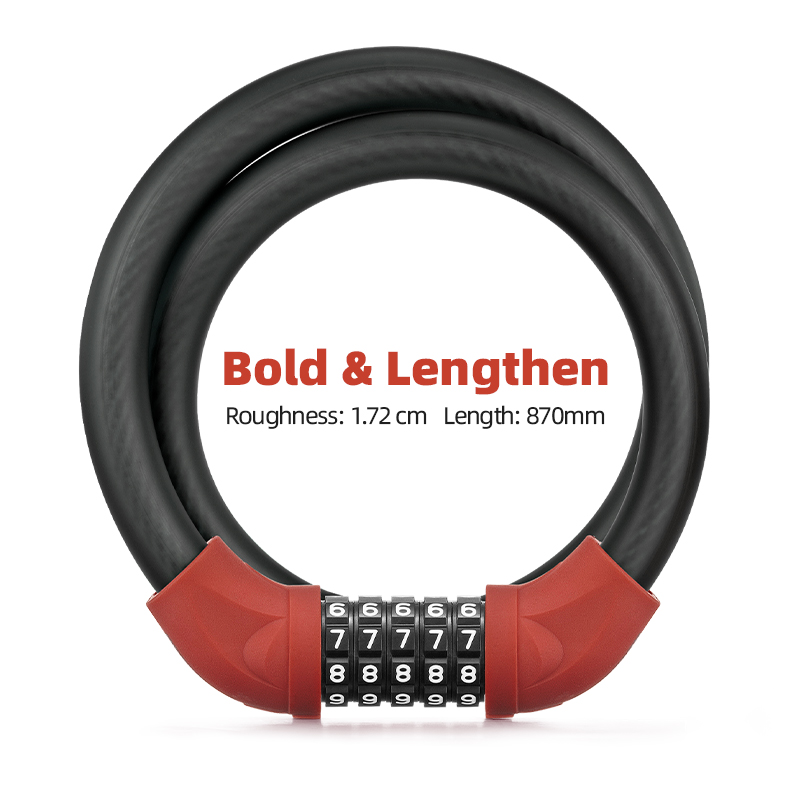 ROCKBROS Bike Lock Five-digit Code Anti-theft 1.72CM Bold 87CM Steel Cable Password Lock PVC Wrapped Lock MTB Road Accessories: RKS870RD
