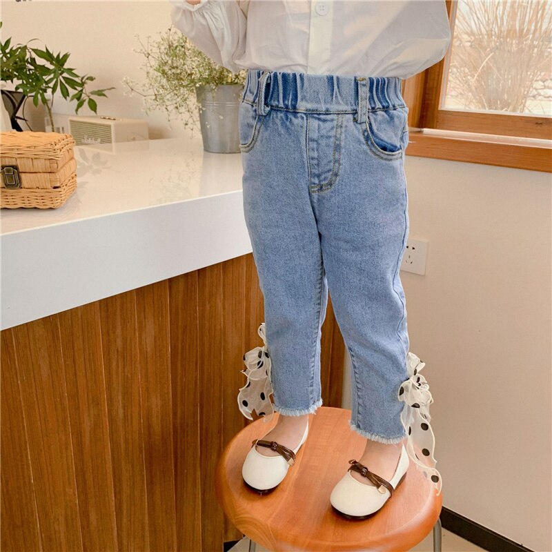 Primavera 2021 nuove ragazze Jeans con fiocco dolce pantaloni Casual per bambini in stile coreano neonate pantaloni Slim in Denim All-match