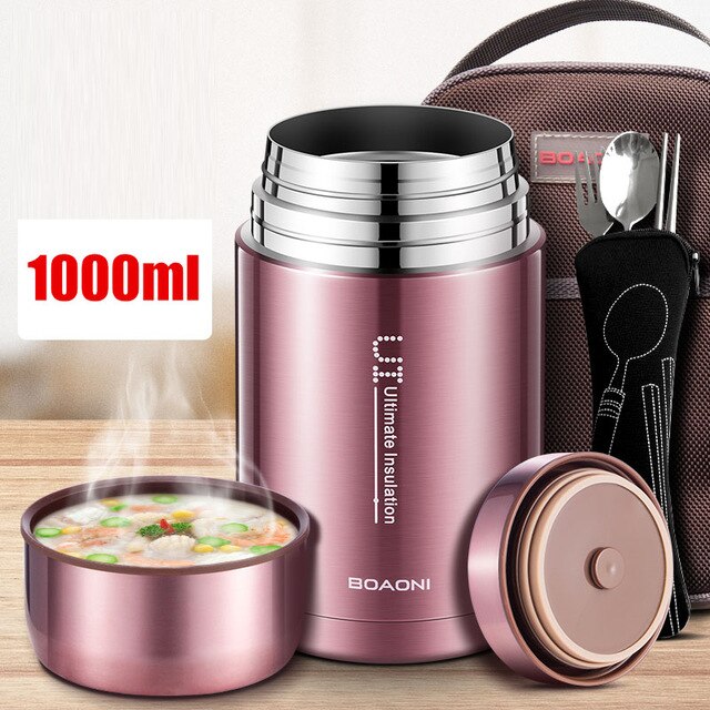 BOAONI 800ml/1000ml Food Thermal Jar Vacuum Insulated Soup Thermos Containers 316 Stainless Steel Lunch Box with Folding Spoon: rose gold 1000ml
