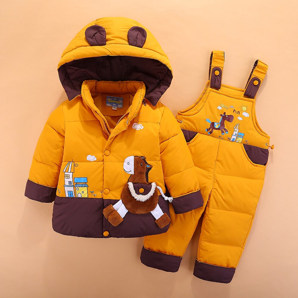 Inverno Dei Bambini Set Abbigliamento Per Bambini Anatra Imbottiture Giacca Per Le Ragazze Dei Ragazzi 2-3-4Yrs Pantaloni Tuta + giacca con cappuccio Per Il russo Freddo: Giallo / 24M