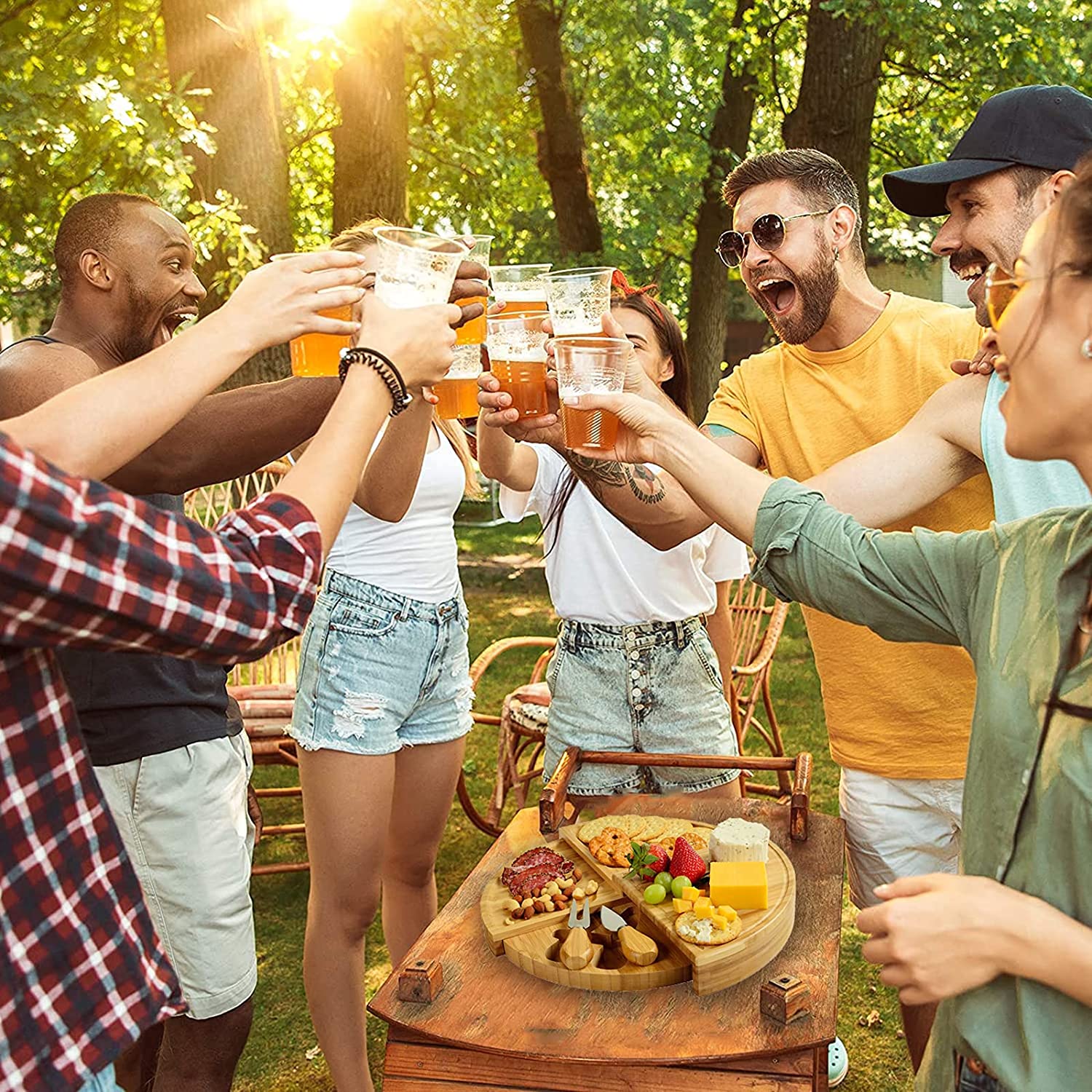 Bamboo Cheese Board With Cheese Knife Set 17 Inch Cheese Plate Rotating Serving Plate For Cheese Appetite Serving Marble Tray