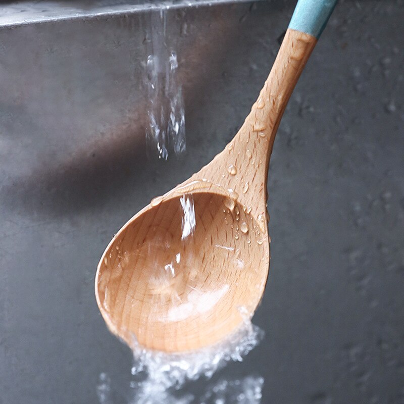 Painted Wooden Handle Wooden Spoon Beech Wood Mixing Curved Handle Spoon Bamboo Teaspoons Soup Ladle Tableware Kitchen Utensils