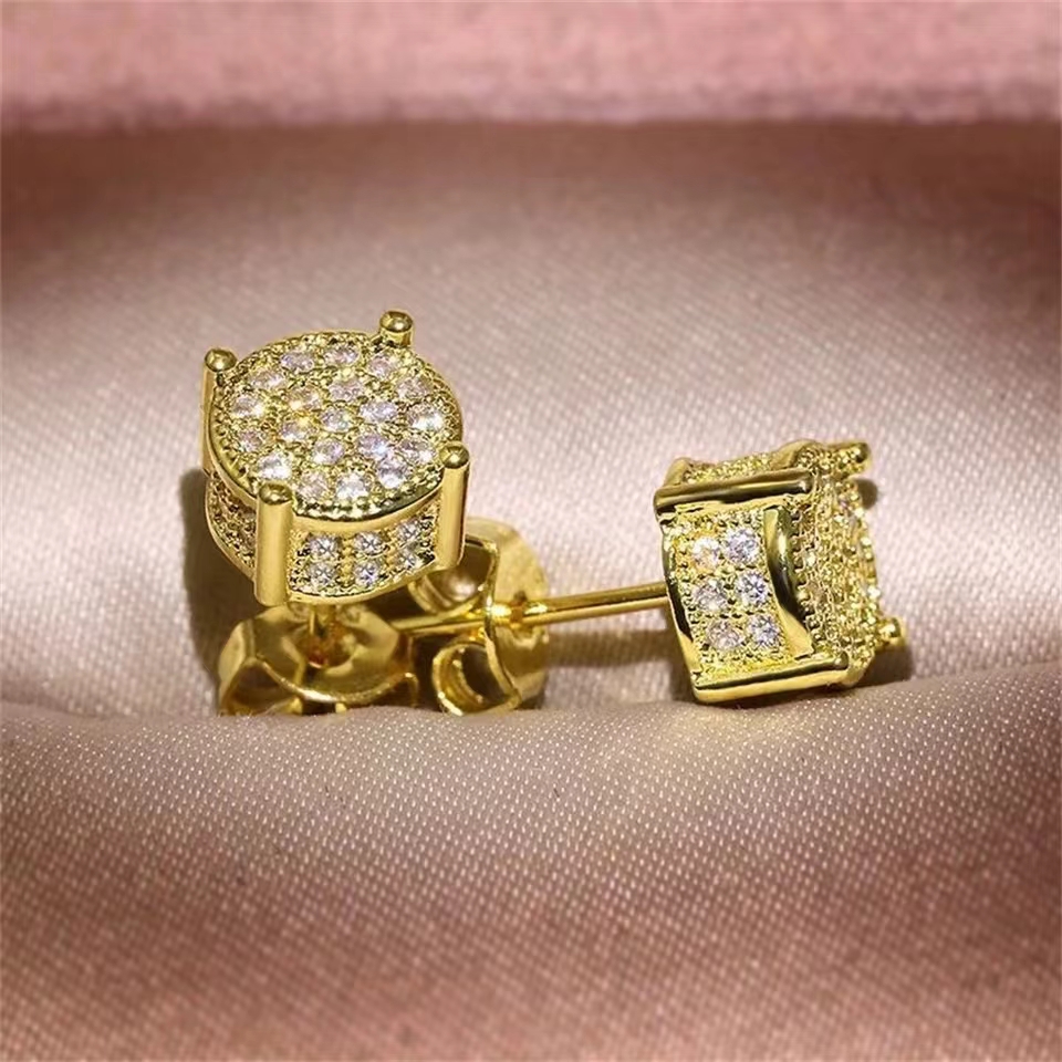 Goudkleurige vierkante oorknopjes voor dames, glanzende klassieke oorbellen met strass-steentjes, kleine oorbellen, sieraden, goudkleurige ronde oorknopjes