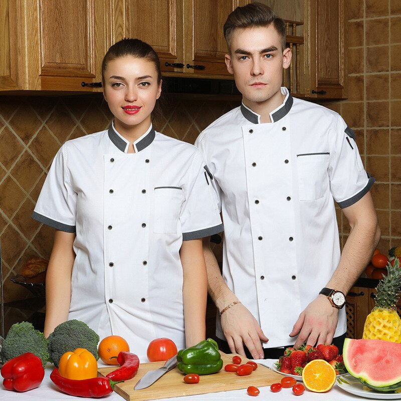 Short Sleeve Chef Uniform Women Bakery Mens Cook Clothing Restaurant Kitchen Jacket Hotel Waiter Costume Cafe Work Clothes