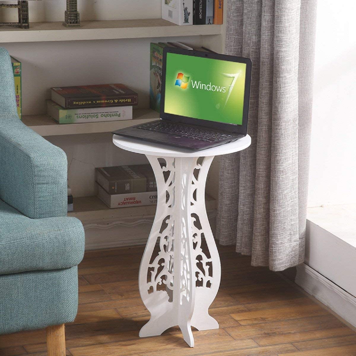 White Small Coffee Table Desk Wood Plastic Board Round Small Tea Corner Table - 60X40X31cm