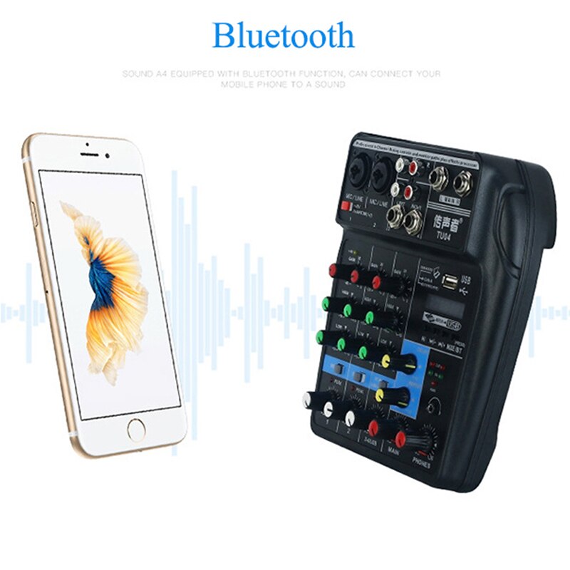 Sound Mixing Console Bluetooth USB Record Computer Playback 48V Phantom Power Delay Repeat Effect 4 Channels USB Audio Mixer