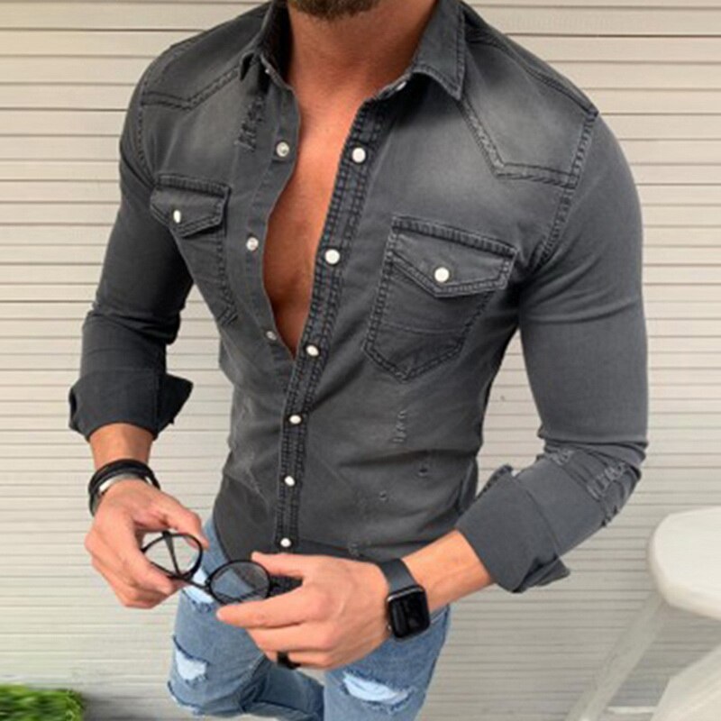 Menn vask denim jeans skjorte høst lange ermer skjorte casual slim denim topper eu str.