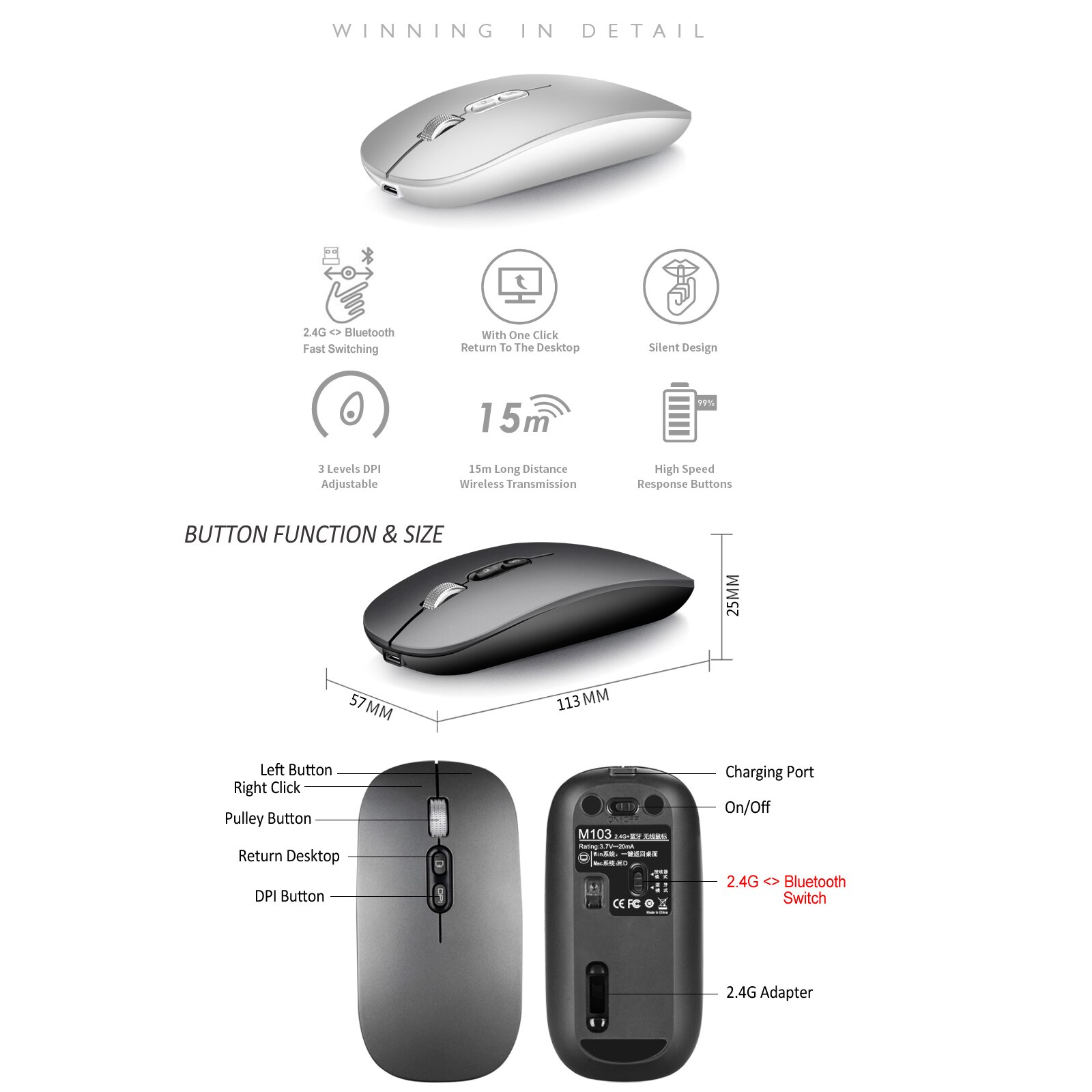 Slanke Dual Mode Bluetooth Draadloze Muis Bluetooth 5.0 &amp; 2.4G Draadloze Oplaadbare Draadloze Muis Met 3 Verstelbare Dpi