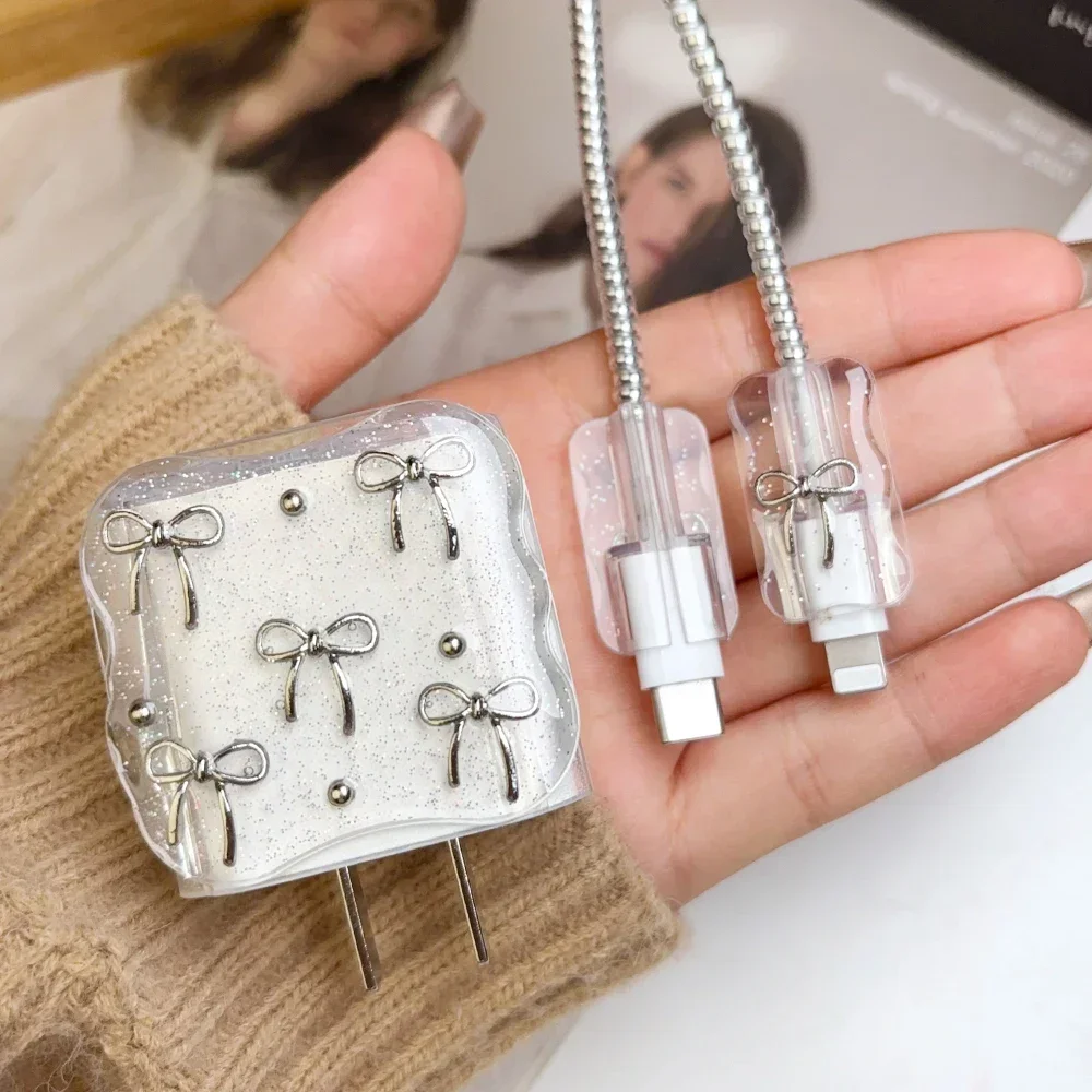 Voor iphone-opladers ipad-stekkeradapter 18w 20w transparante schattige tpu-opladerhoes met strikje, kabeloproller en beschermset