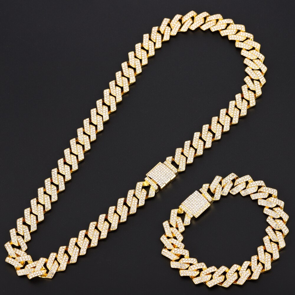 16mm Hip Hop Miami Cuban Link Chain Set Necklace +Watch+Bracelet Iced Out Shiny Trendy Stylish Jewelry For Women Men