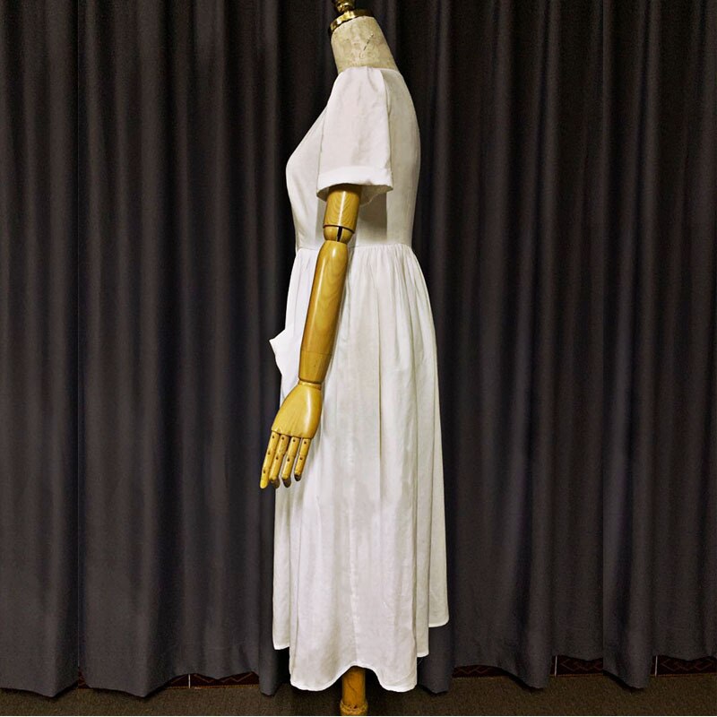 Celebrity dress white dress mid-length cotton and linen V-neck waist large pocket short-sleeved shirt skirt summer