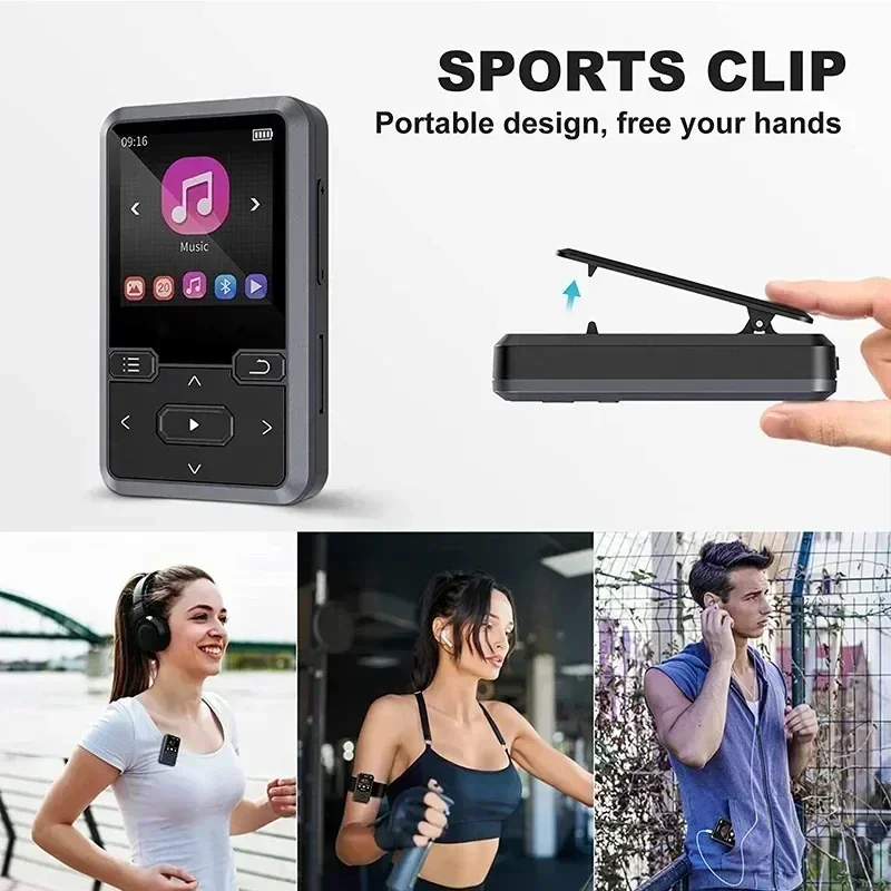 Mini tylny klips sportowy 32 GB bezstratny dźwięk odtwarzacz MP3 z BT 5.0, krokomierz radio FM, nowy projekt Mini odtwarzacz muzyczny 1,44 cala