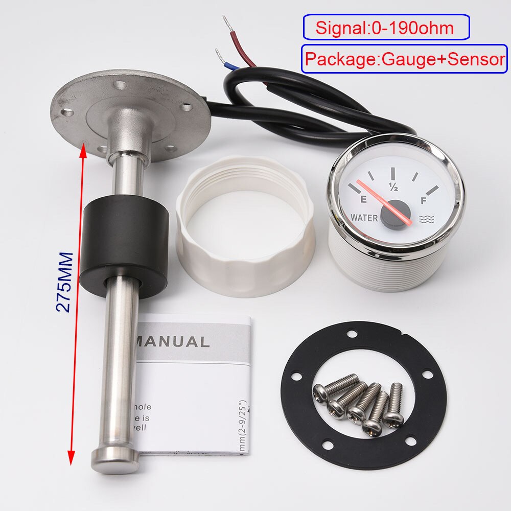 Jauge de niveau d'eau 52mm avec capteur de niveau d'eau 0-190ohm, compteur de niveau de réservoir, capteur d'unité pour voiture bateau, LED rouge 12V/24V: 275mm WS