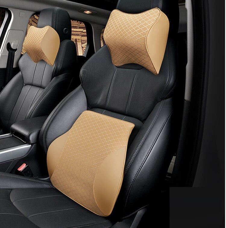 Auto Kissen Auto Auto Sitz Zurück Lenden Unterstützung und Hals Kissen Bausatz Auto Kopfstütze Zurück Kissen Schaum Baumwolle Schwarz verrotten: Beige einstellen