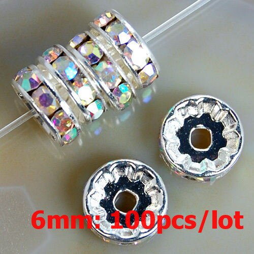6mm 100 sztuk Metal srebrny Plated kryształ Rhinestone Rondelle koraliki dystansowe luzem koraliki dla DIY akcesoria do wyrobu biżuterii Supplie: Clear AB
