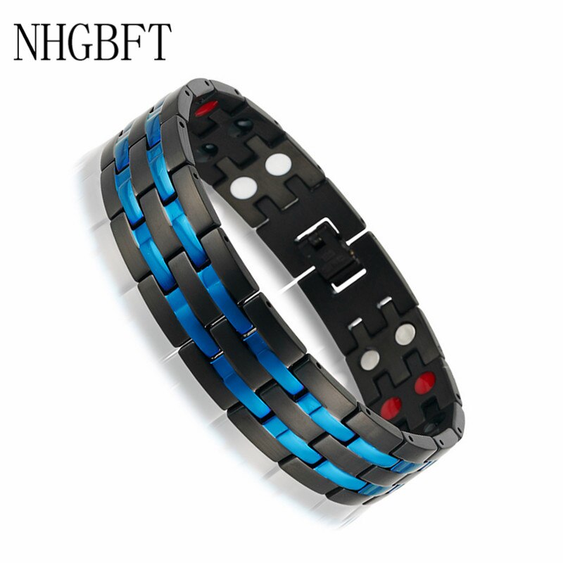 Nhgbft Blauw Dubbele Rij Gezondheidszorg Germanium Magnetische Armband Heren Rvs Power Therapie Armbanden