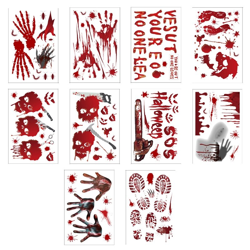 10 Models Bloody Halloween Decorations Window Stickers Horror Decals Bloody Handprint for Halloween Party Decorations: Default Title