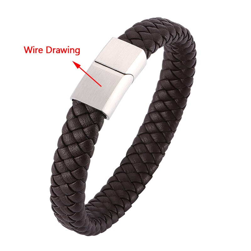Biżuteria punkowa czarne brązowe plecione skórzane bransoletki męskie ręcznie robiona bransoletka ze stali nierdzewnej zapięcie magnetyczne skórzana bransoletka prezent P740: brązowy 0185B / Inner Perimeter165mm