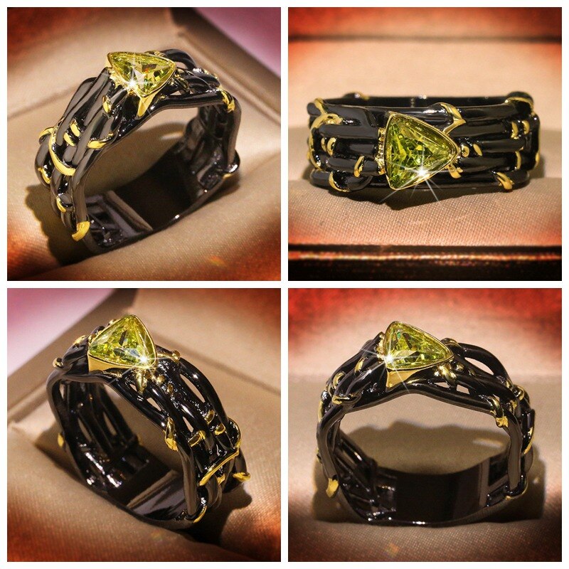 Exaggerated Personality Rings for Women Unique Black Gold Tungsten Triangle Green Zircon Crystal Wedding Rings Jewelry