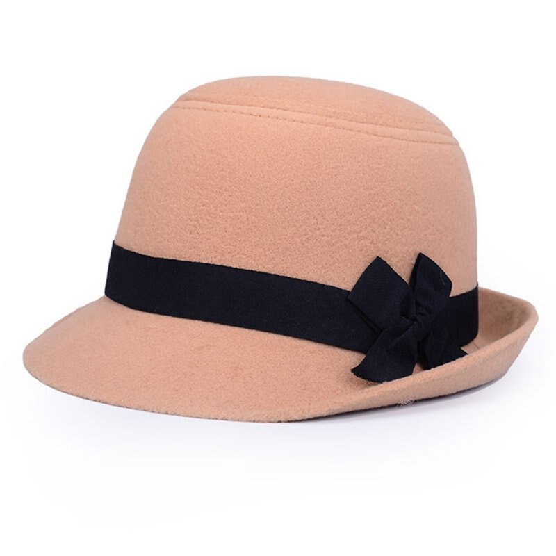 Women Girl Retro Bowknot Beach Felt Wool Fedora Hats Bowler Derby Baseball Caps ZM14s: Beige