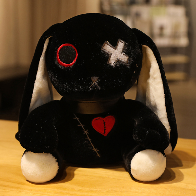 Dark Series-conejo de peluche de juguete para niños, muñeco de peluche estilo gótico Rock, conejo de peluche para Halloween, decoración del hogar: Negro / 11cm-30cm