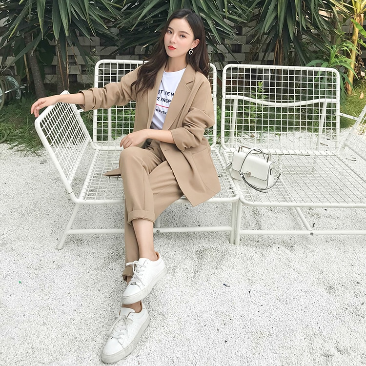 Women sets Casual Solid Women Suits Pant Notched Collar Blazer Jacket Coats& Pencil Pant Khaki Female Suit Two Piece Autumn