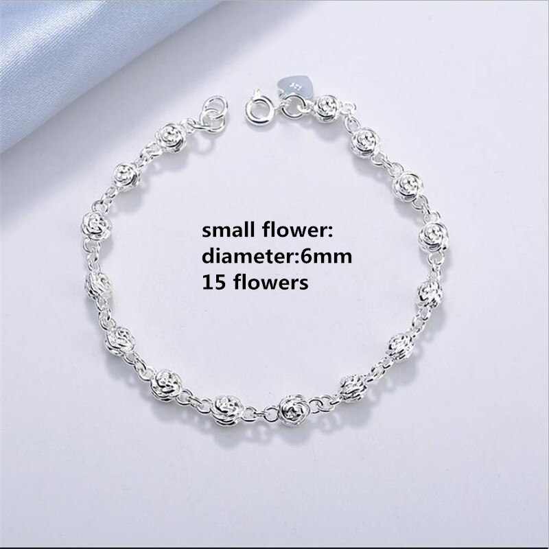 Pulseras de flores de rosa para mujer, joyería de plata de ley 925, mujer Navidad: small rose