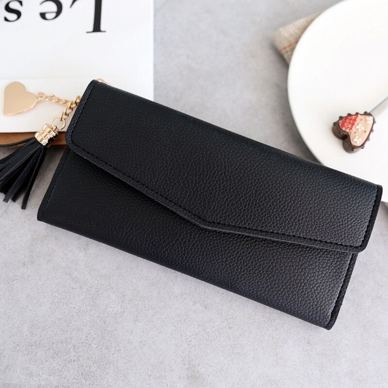 Tassel Pendan Woman Wallet Multi Pockets Lady Long Purse Clutch Zipper Phone Holder Female Wallets Card Holder Girl Carteras: Black