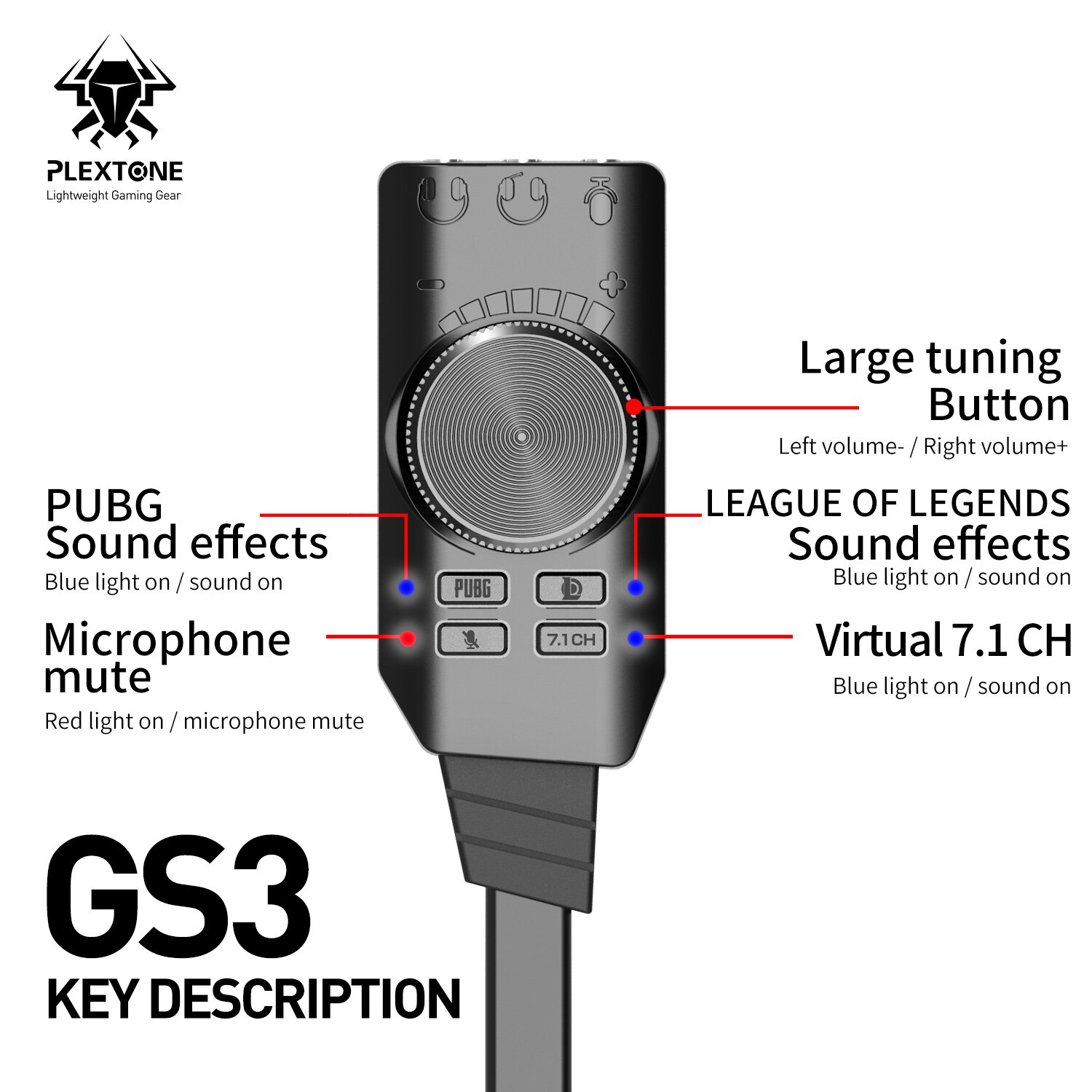 PLEXTONE GS3 Virtuelle 7,1 Kanal USB Soundkarte Adapter 3,5mm Kopfhörer Audio- Jack Stereo Konverter für PUBG, Handy, Mobiltelefon Legenden,CS