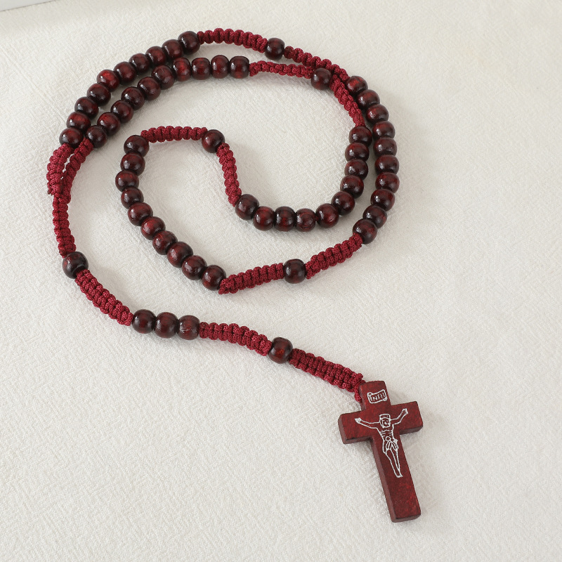 F2 5pcs Wooden Rosary Jesus Imprint Catholic Unisex Style Natural Wooden Bead Cross Rosary Necklace Jewelry For Men Women Light: Navy