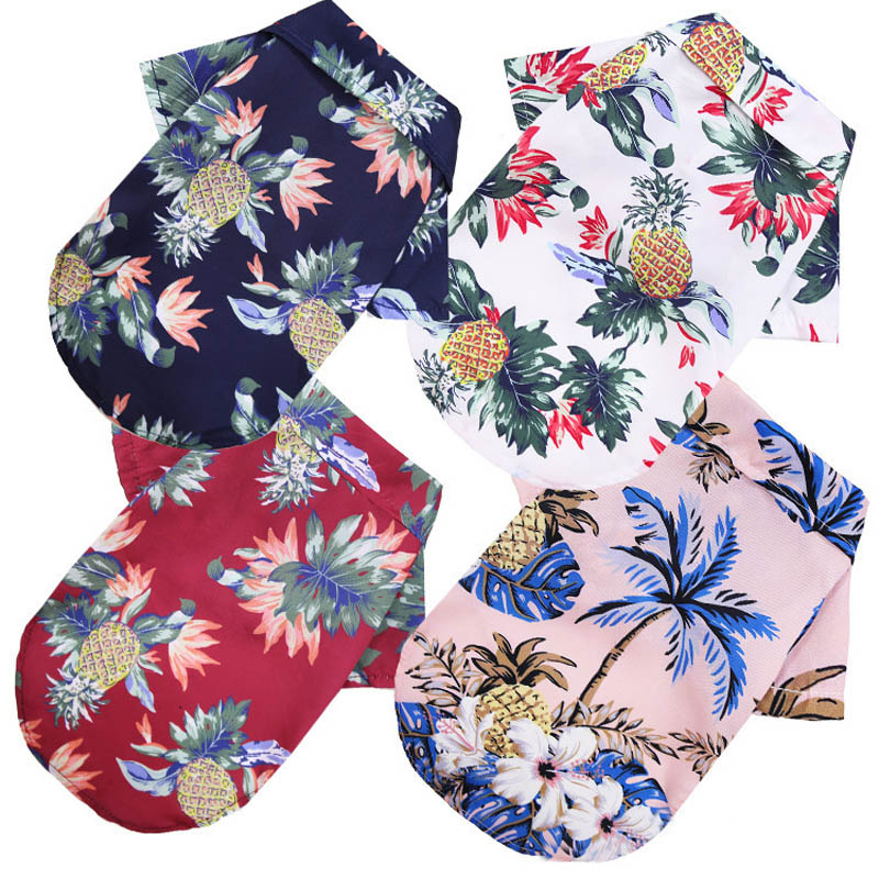 Summer Dog Clothes Coconut Tree Pineapple Flower Print Dog Cat Shirt Short Sleeve Beach Hawaiian Style Clothes For Pets