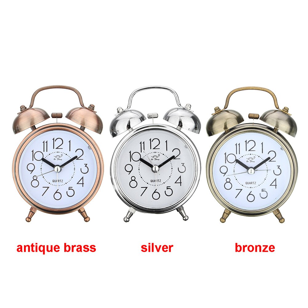 Round Classic Decorative Bedside Double Bell Silent Cute Desktop Quartz Snooze Battery Operated Living Room Alarm Clock
