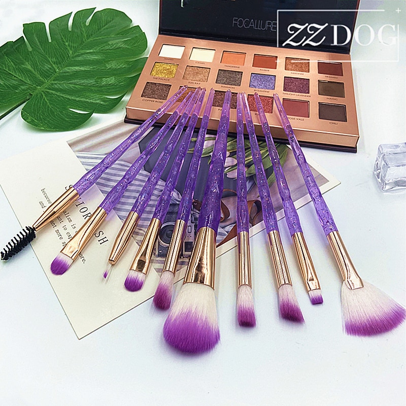 Zzdog 10 stk pro makeup børster sæt til øjenskygge highlight enhjørning krystal diamant langt skaft skønhedsværktøj sæt