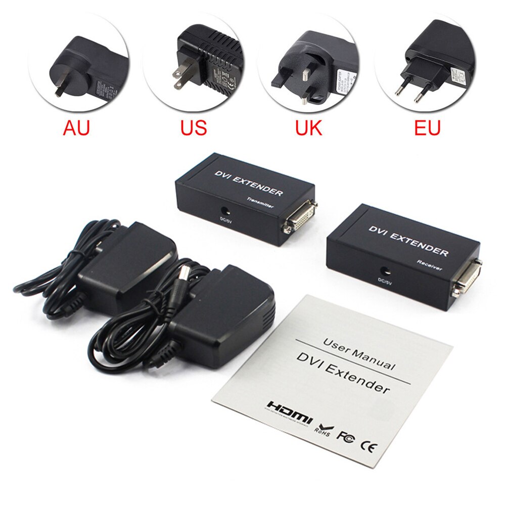 DVI Extender Adapter 60m DVI Extension Network RJ45 LAN Cat5e/Cat6 Cable FHD 1080P@60Hz Extender Extension Cords