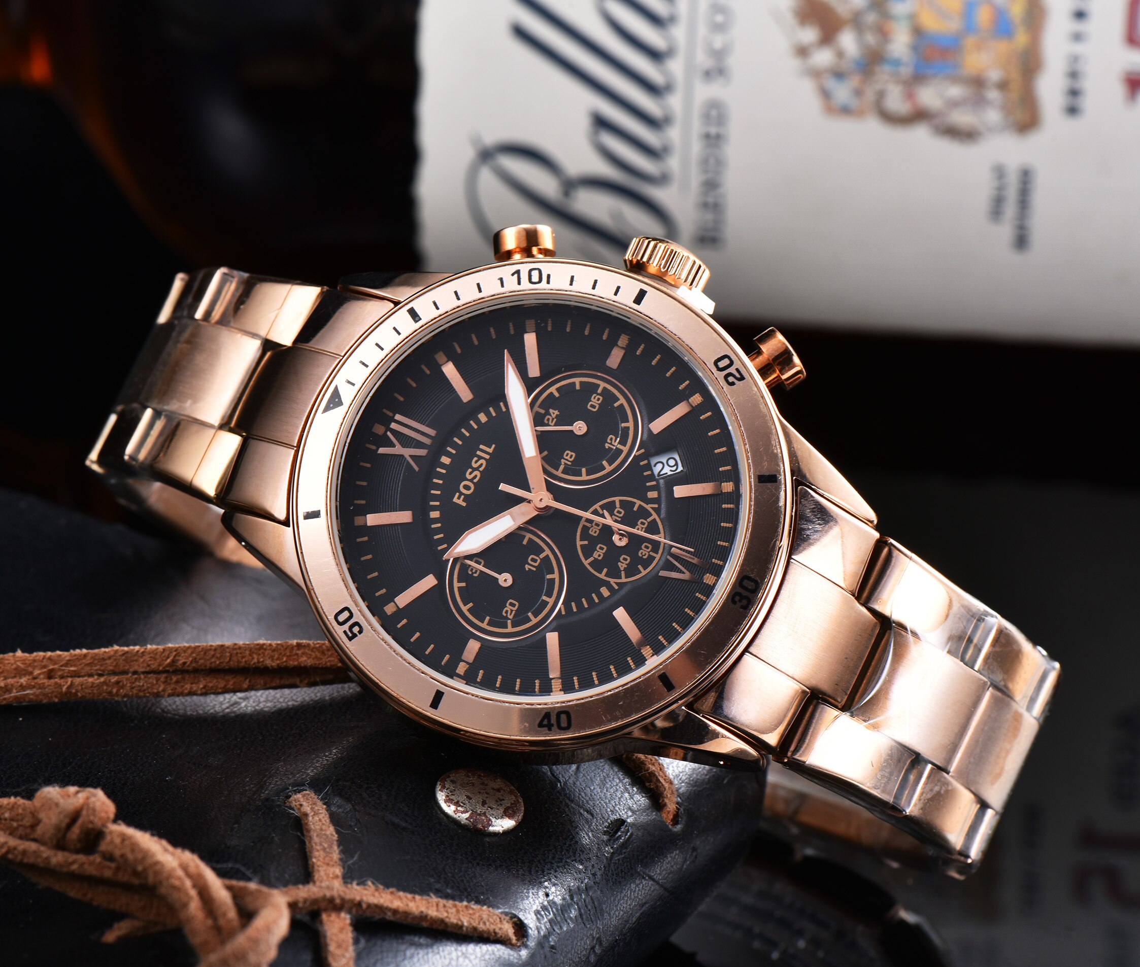 Fossil relógio masculino cronógrafo médio e preto aço inoxidável relógio masculino topo da marca de luxo: 5