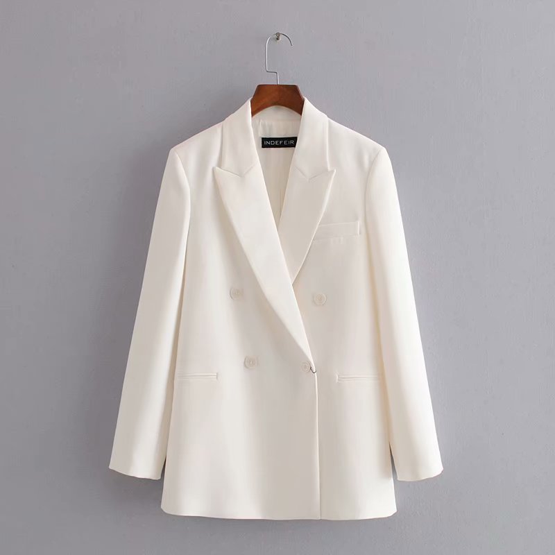 Za chaqueta de mujer con cuello doblado sólido doble pecho bolsillo Casual chaqueta suelta Femme blanco ropa de oficina prendas de vestir abrigo: XS