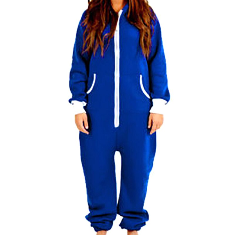 Winter Hooded Pajamas Set Adult Onesie For Women Men Couple Long Sleeve Black Blue Pajamas Set One Piece Sleepwear: Blue / S