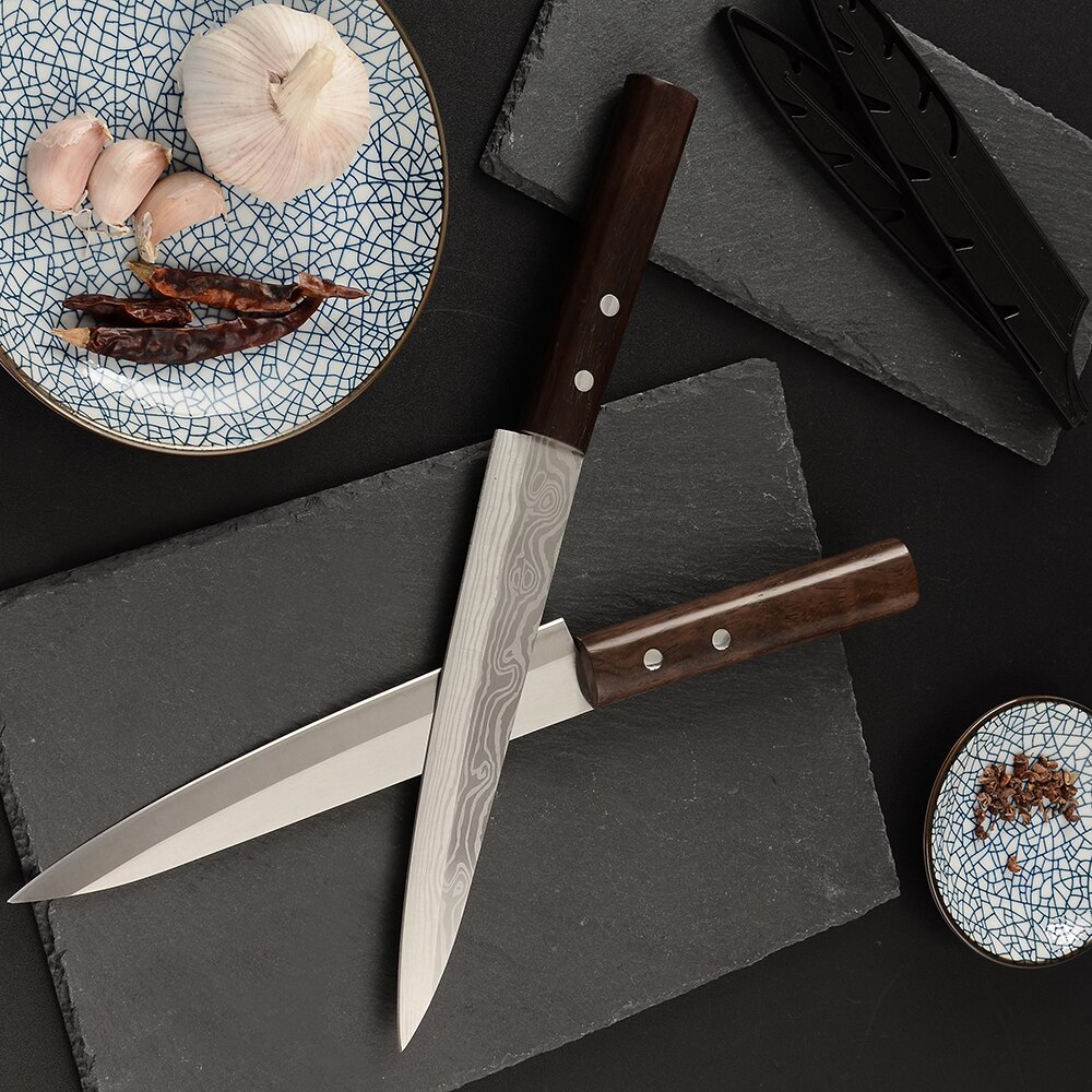 Damask 8 tommers blad sushi sashimi skjærekniv 7 cr 17 mov sylskarpt blad kokkekniver japansk restaurant beste kniv treskaft