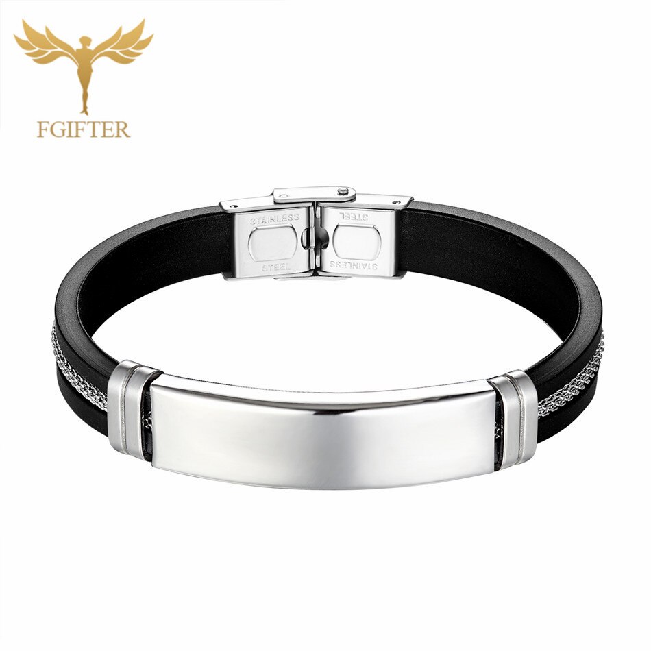 Nova Moda Homens de Aço Inoxidável Pulseira Do Punk preto de Borracha de Silicone Pulseiras Pulseiras com Cadeia pulseras hombre caucho: Silver Steel Bracele / 18.5cm