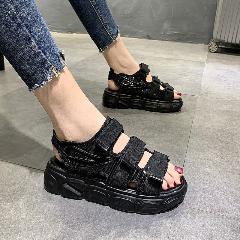 Femmes Plate-Forme Chunky Sandales Noir 5cm Talons Hauts Chaussures À Semelles Compensées Pour Femme De De Plage Sandales Chaussures Décontractées D'été: Black / 40
