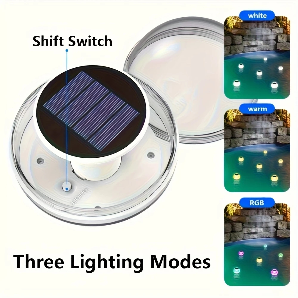Led-solar-schwimmlampe für pools, solarbetrieben, wasserdicht, leuchtet und zeigt drei beleuchtungsmodi.