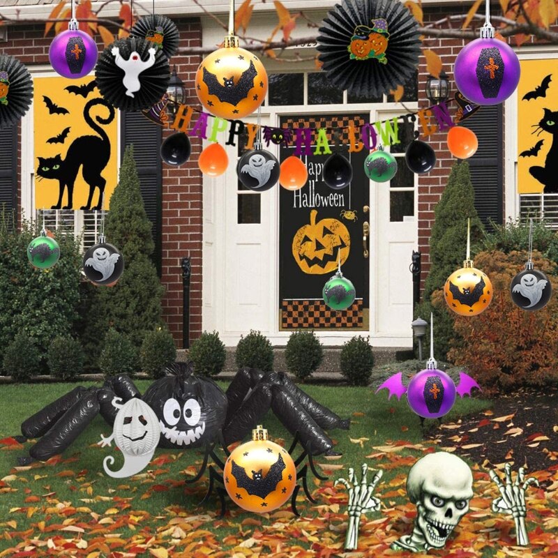 Bolas de plástico pintadas para Halloween, adornos de murciélago, calabaza, fantasma, Araña, colgante de Web, decoración de , Festival, 45BE, 12 Uds.