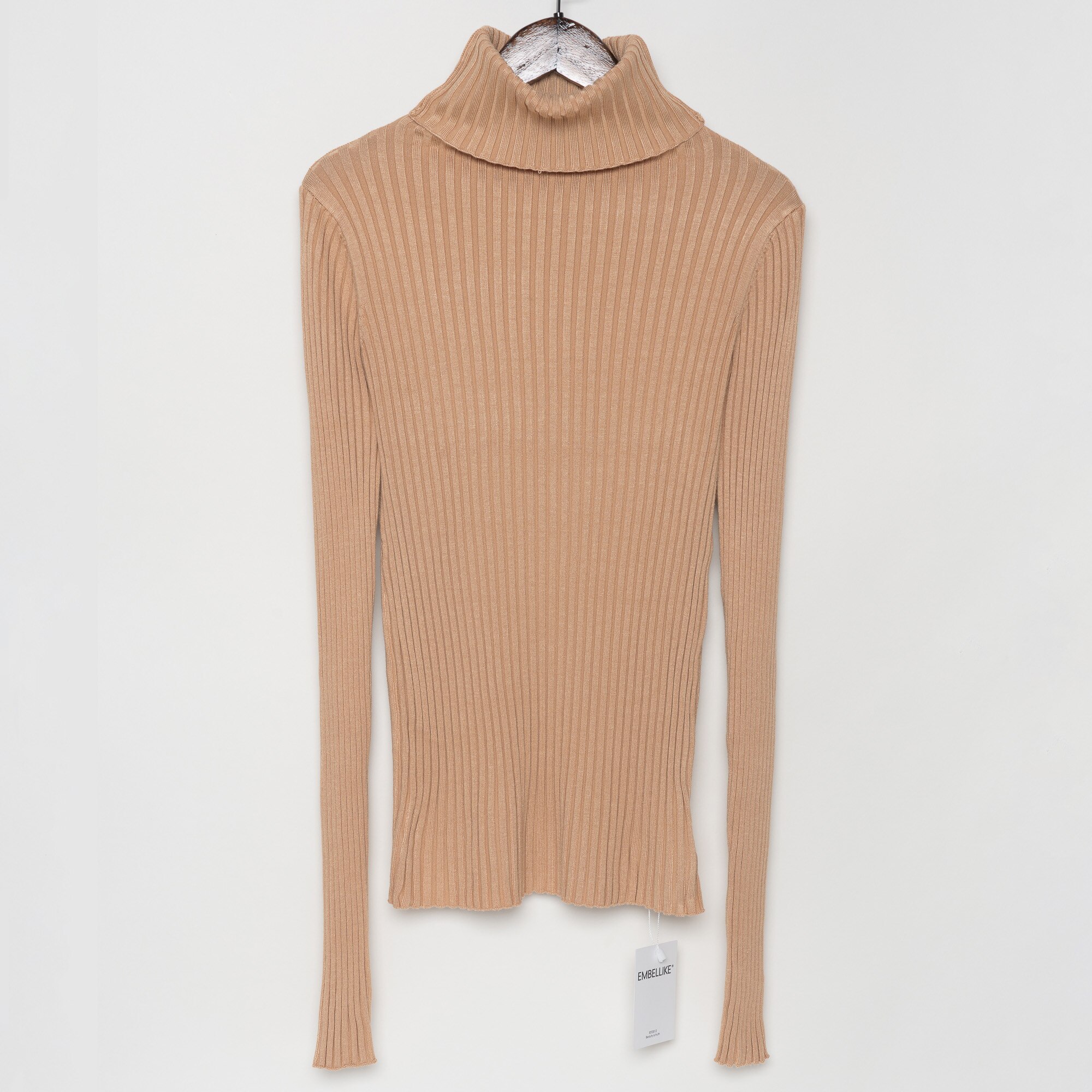 Ribbed Turtleneck Sweater Knitted Tops Women High Neck Pullovers With Thumb Hole Fall Winter Jumper: Light Camel