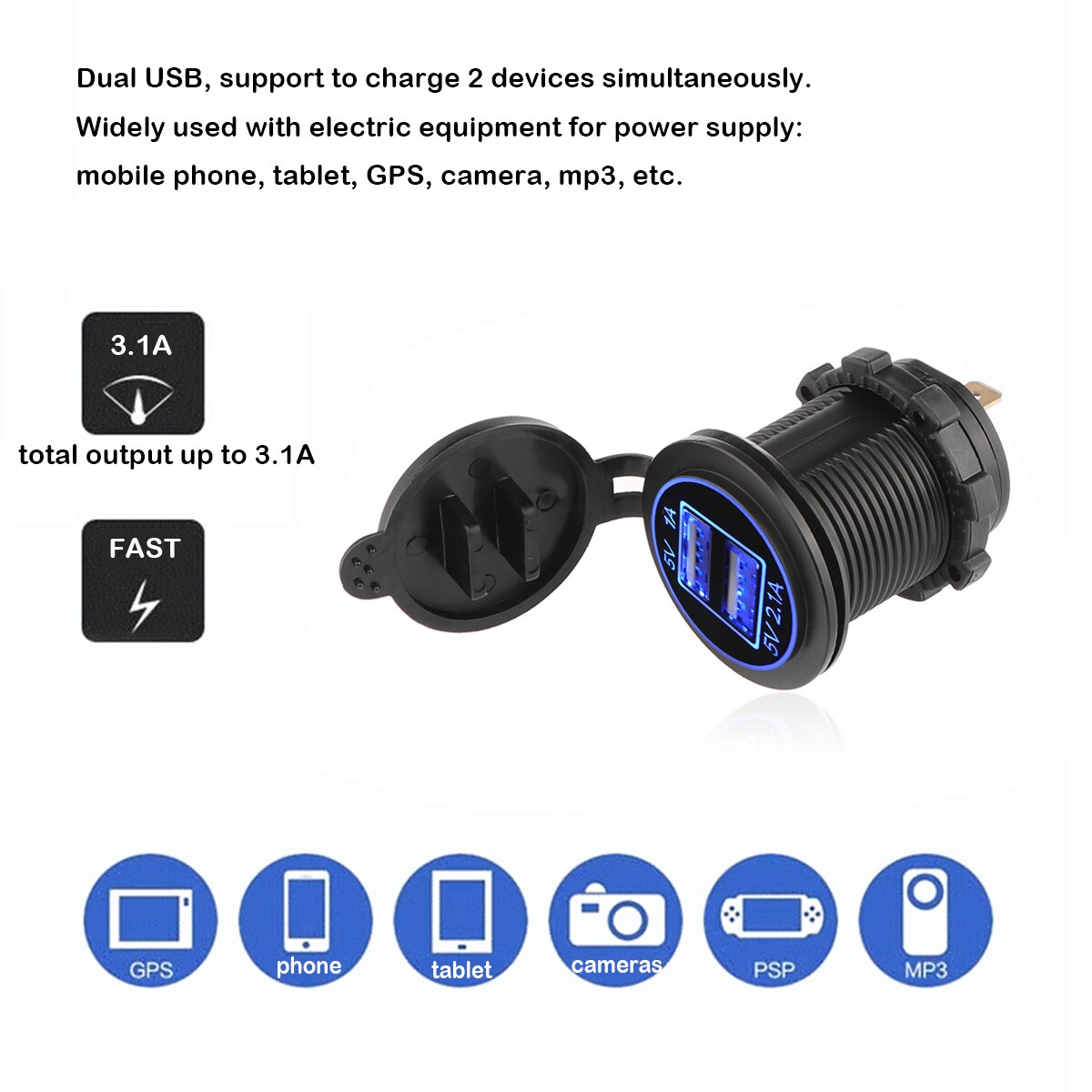 2 Port Car Charger Power Auto Truck Adapter 5V 2.1A USB Socket LED Panel Charge Mobile Phone Tablet For ATV Boat Motorcycle