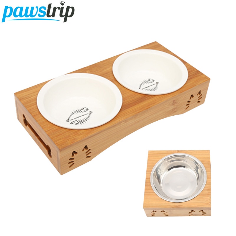 Pawstrip pet dubbele hondenkom, bamboe, roestvrij staal, keramische kattenbak, hondenvoerbak, voerbak, waterbak voor honden, dierenwinkel